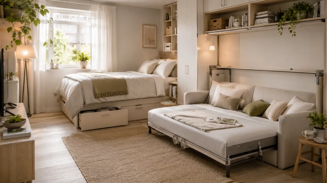 Multifunctional furniture with a storage bed and a sofa bed in a compact bedroom-living space