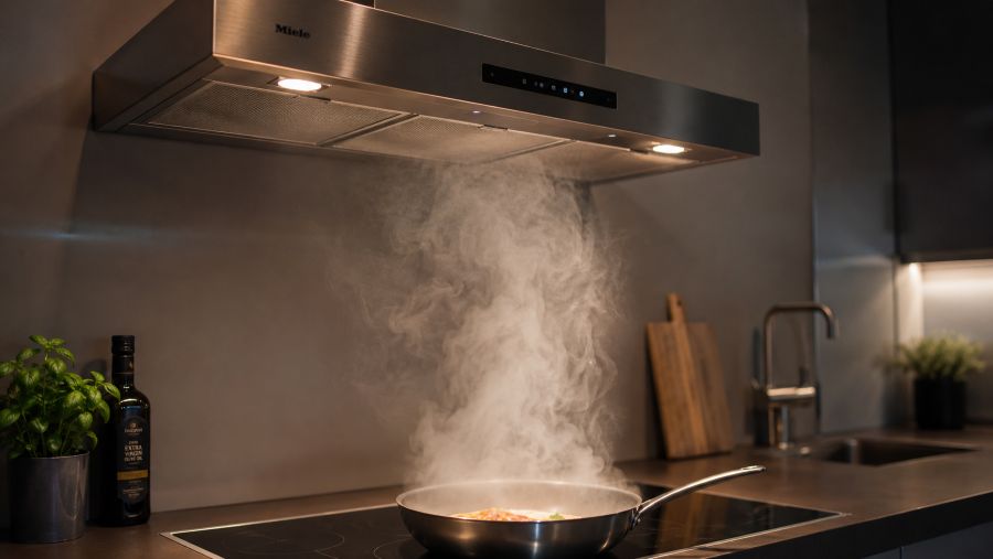 Range hood extracting steam and odors directly above a cooktop in a small kitchen