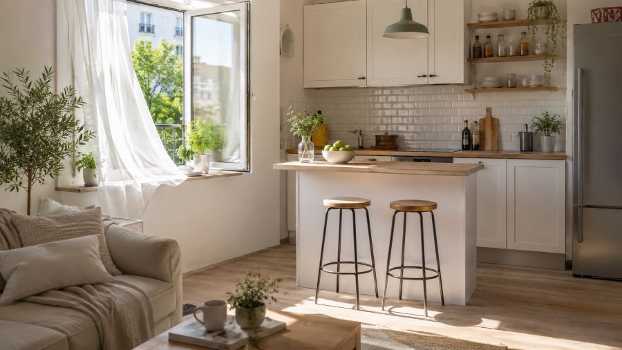 Cross-ventilation through an open window cooling a small open-plan kitchen