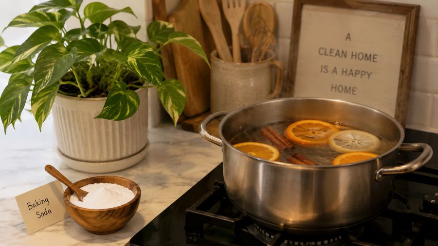 Natural odor solutions including a citrus simmer pot, baking soda, and a plant on a small kitchen counter