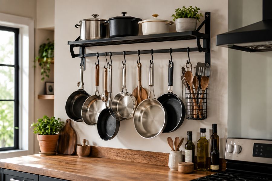 Wall-mounted pot rack and hanging cookware organization system