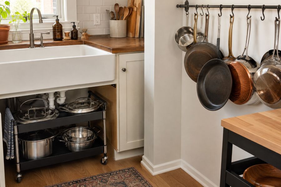 Creative alternative pot storage using under-sink rolling cart and wall hooks