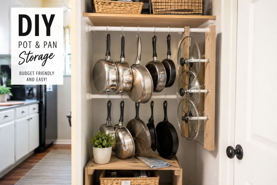Budget-friendly DIY pot storage using tension rods and repurposed items