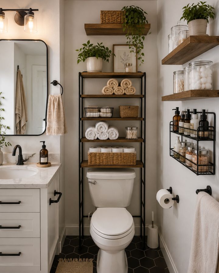 Well-organized small bathroom with wall shelves, over-toilet storage, and wall-mounted organizers