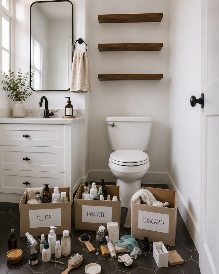 Empty small bathroom shelves ready for organization after decluttering