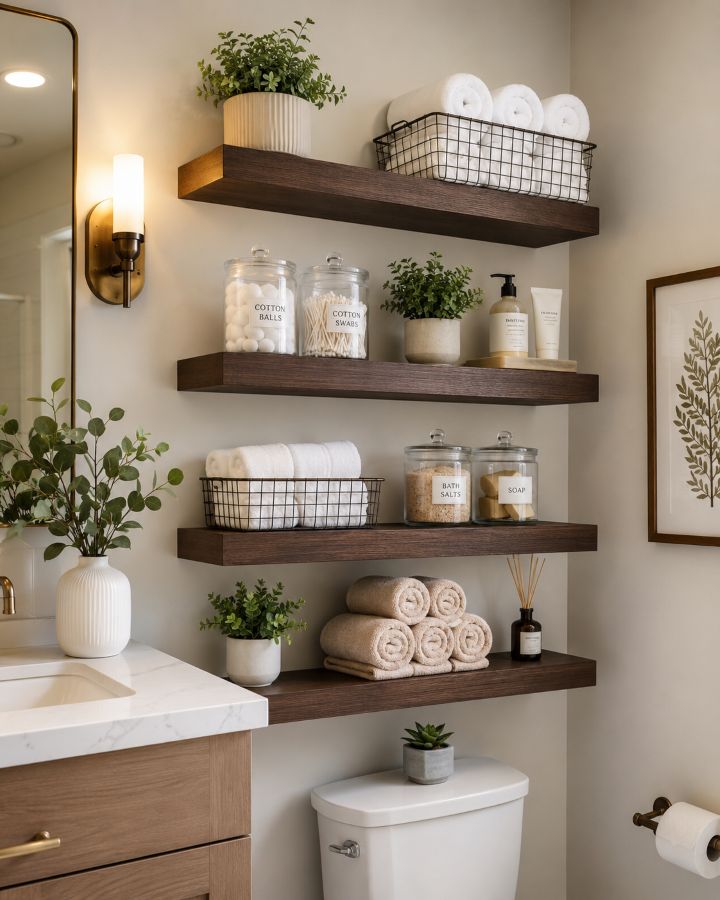 Small bathroom with multiple floating shelves holding organized bathroom supplies and towels