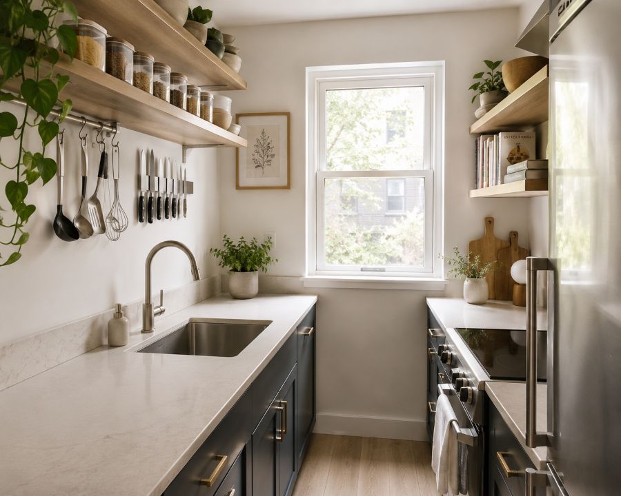 Well-organized small kitchen with open shelving and wall-mounted storage solutions