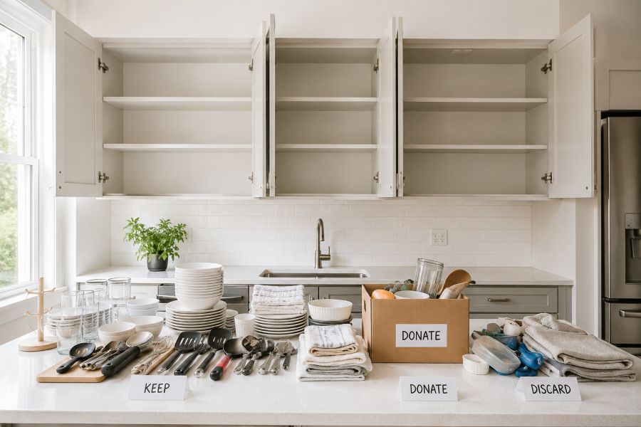 Empty kitchen cabinets after decluttering, ready for organization