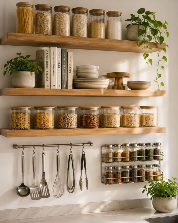 Wall-mounted shelves and hanging racks in organized small kitchen