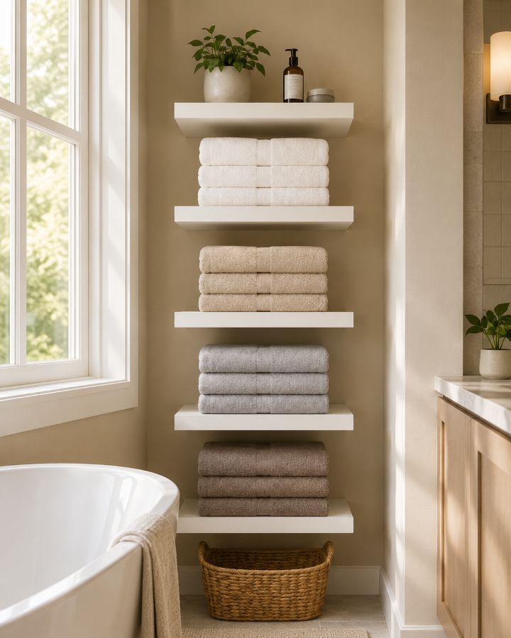 Organized towels in small bathroom with vertical storage solution