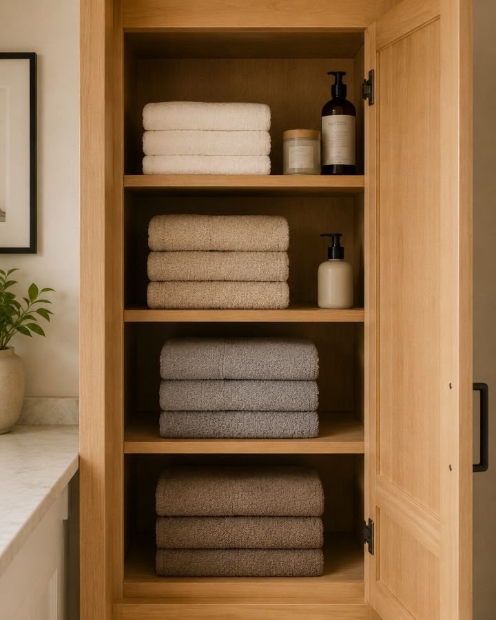 Decluttered towel collection neatly arranged in small bathroom cabinet