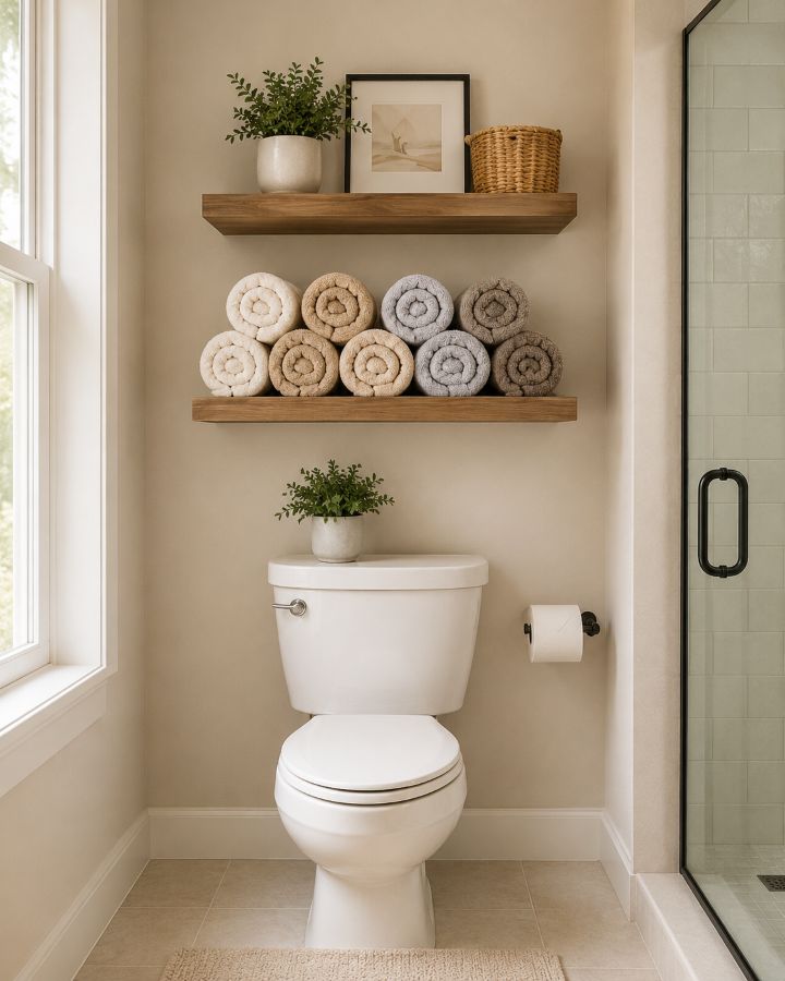 Wall-mounted floating shelves with rolled towels in minimalist small bathroom