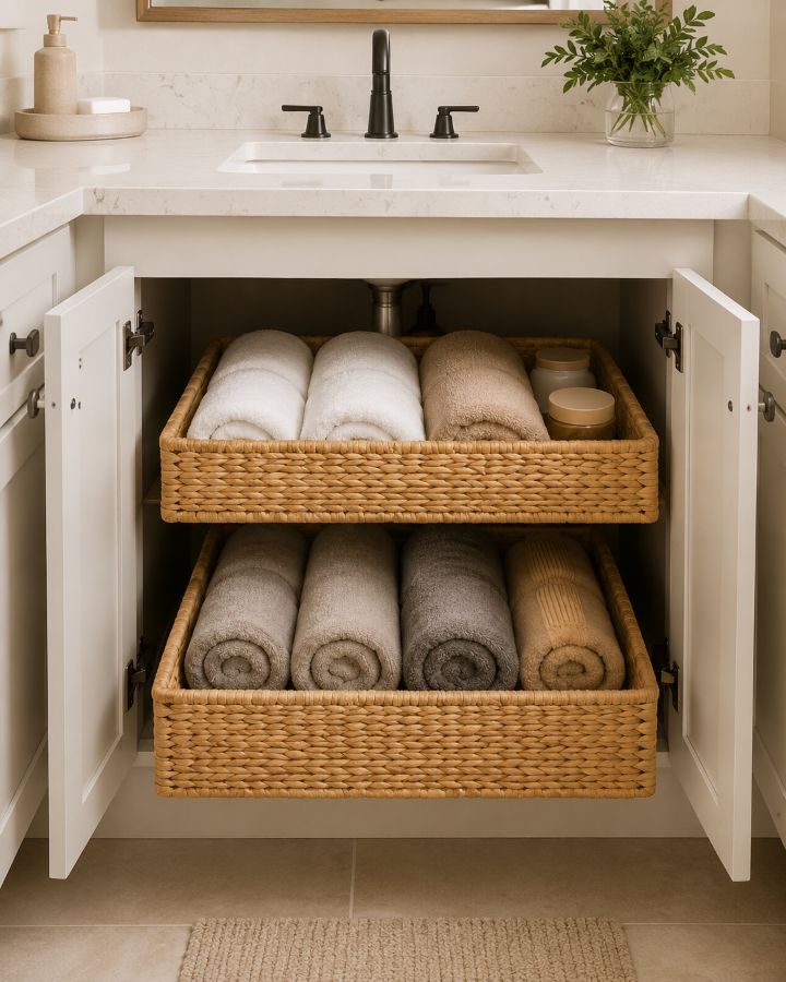 Under-sink cabinet organized with pull-out baskets containing rolled towels