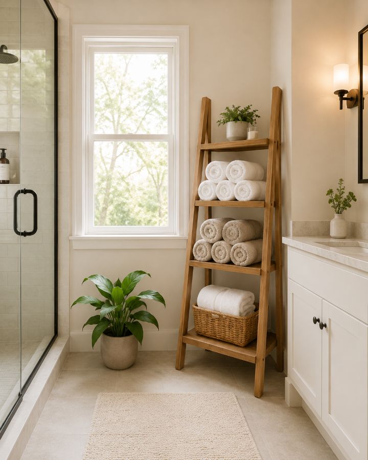 Small bathroom with proper ventilation and fresh towel storage near window