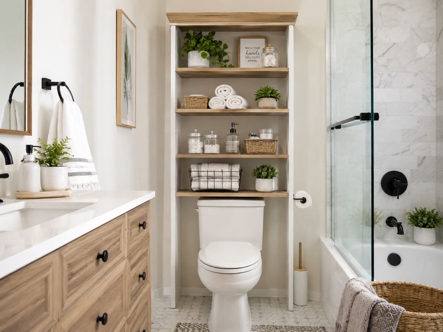 Modern over-the-toilet storage unit in stylish small bathroom