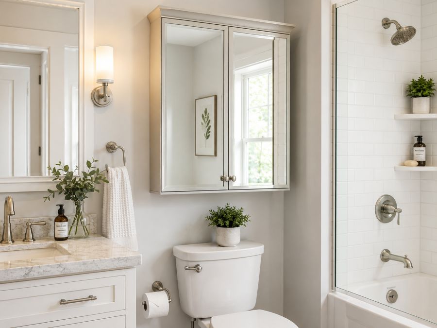 Elegant wall-mounted over-the-toilet cabinet with multiple storage options