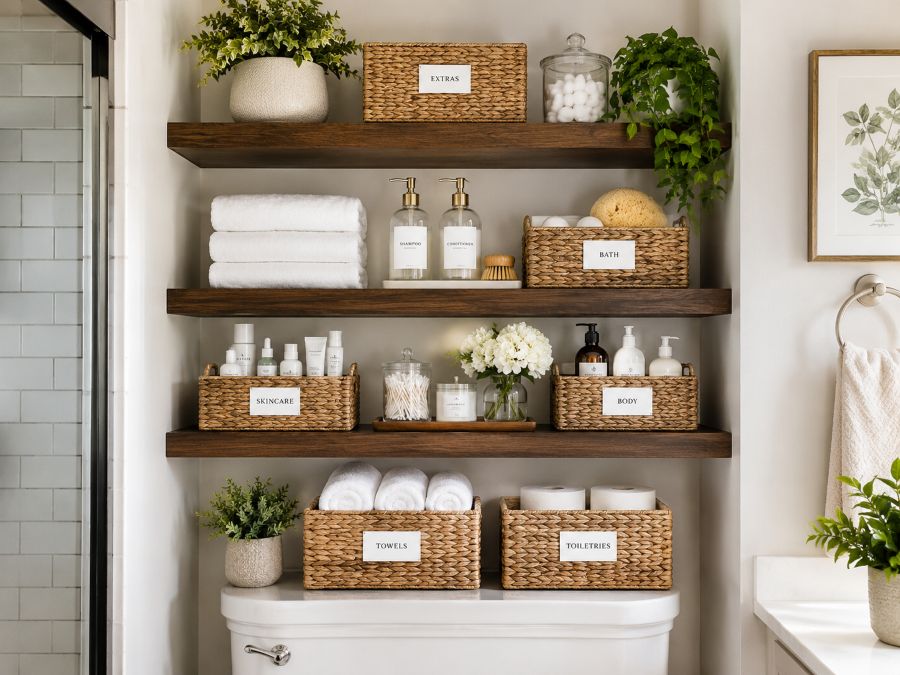 Beautifully organized over-the-toilet storage with baskets and labeled bins