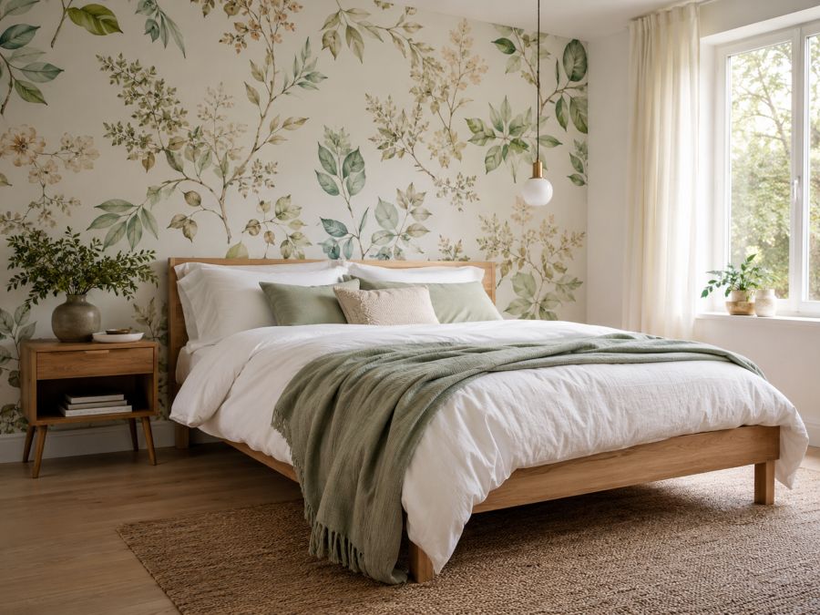 Bedroom with botanical peel-and-stick wallpaper creating a calming retreat