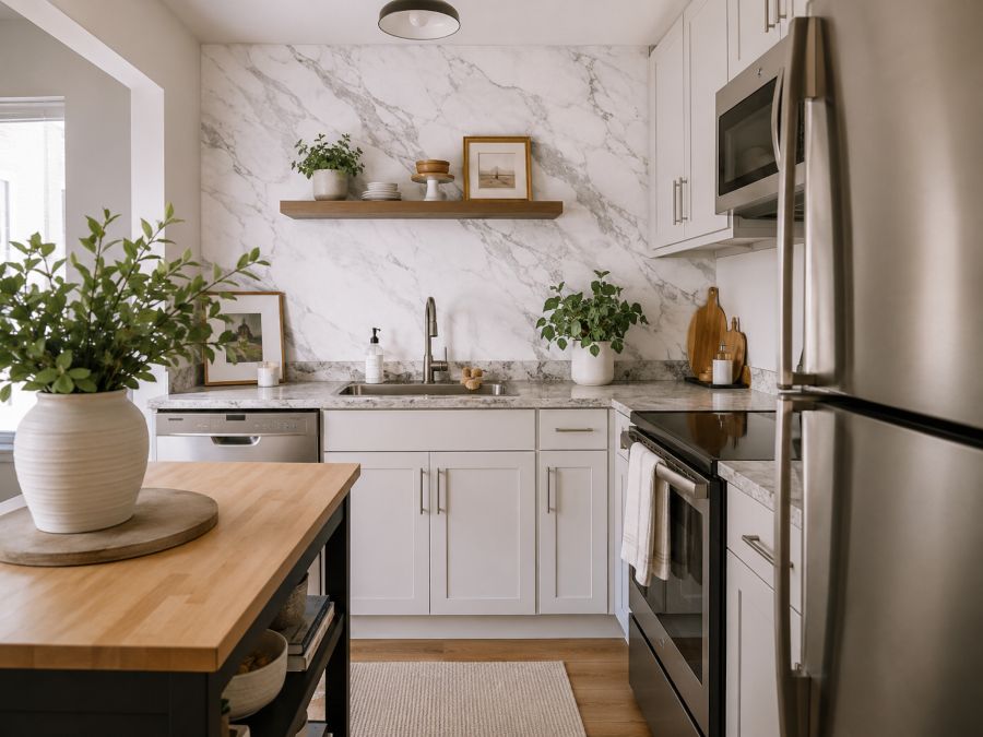 Small kitchen with marble-effect peel-and-stick wallpaper adding luxury without expense