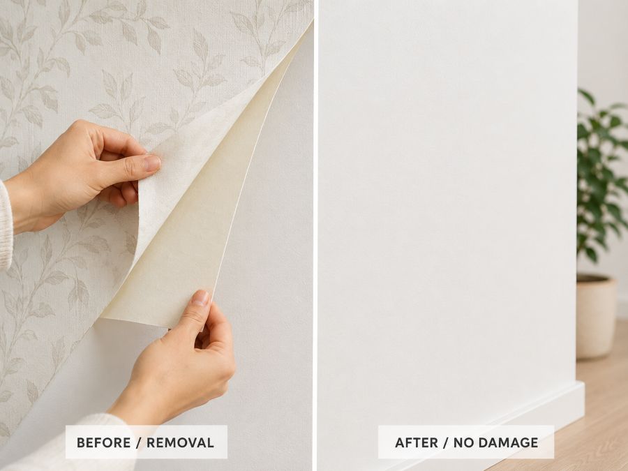 Renter removing peel-and-stick wallpaper cleanly without wall damage