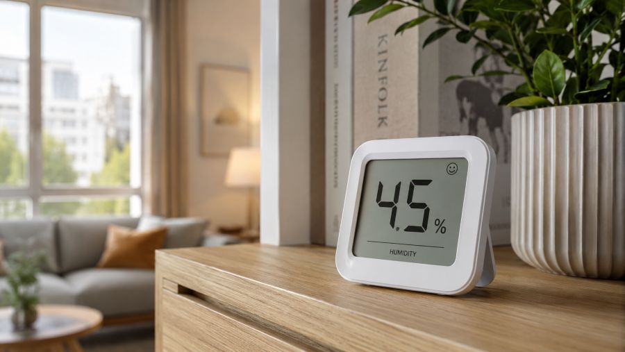 Digital hygrometer showing healthy 45 percent humidity level in a small living space