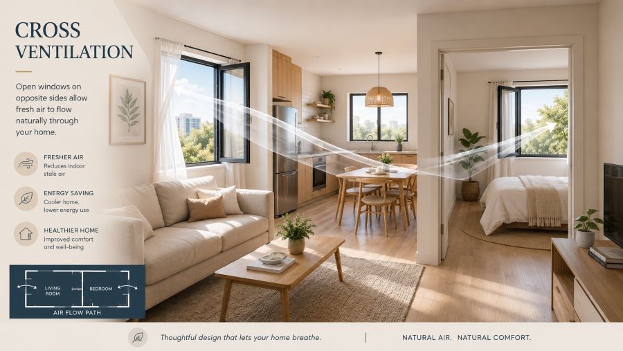 Cross ventilation airflow path through a compact flat with windows open on opposite sides