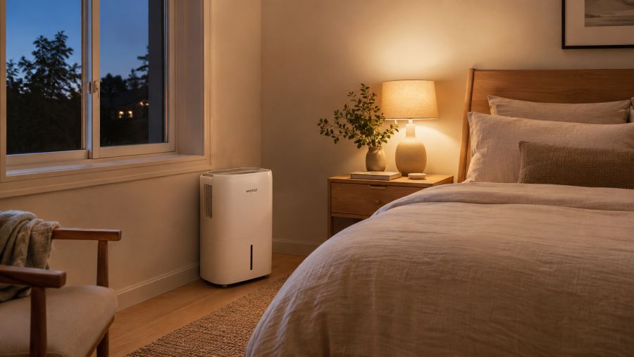 Compact quiet dehumidifier controlling moisture in a cozy bedroom corner