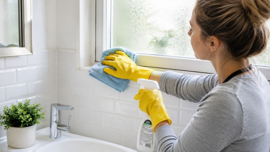 Cleaning early mold spots from bathroom surfaces in a compact flat