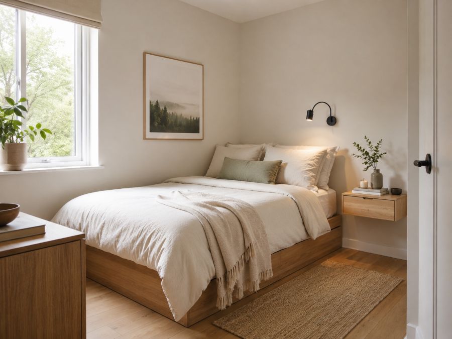 Queen bed positioned in corner of small bedroom with minimal nightstand, wall-mounted lights, and clear floor space