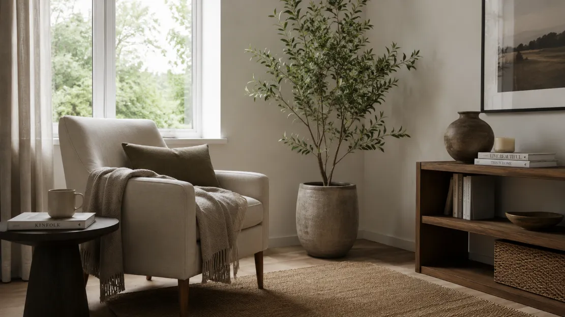 A serene personal retreat space with soft light, a comfortable chair, and a calm, uncluttered atmosphere