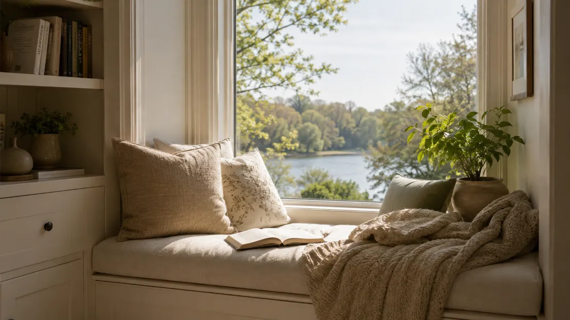 A cozy window seat reading nook with soft cushions, a plant, and a calm view outside