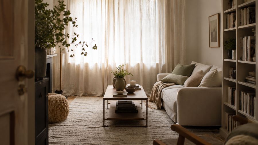 A calm, sound-absorbing small apartment living room with rugs, curtains and a full bookshelf