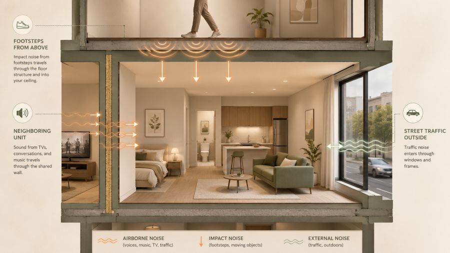 Illustration showing how noise travels through apartment walls, floors, ceilings and windows