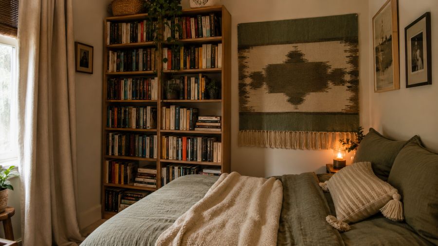 A small bedroom corner using a full bookshelf, fabric wall hanging and curtains to absorb noise