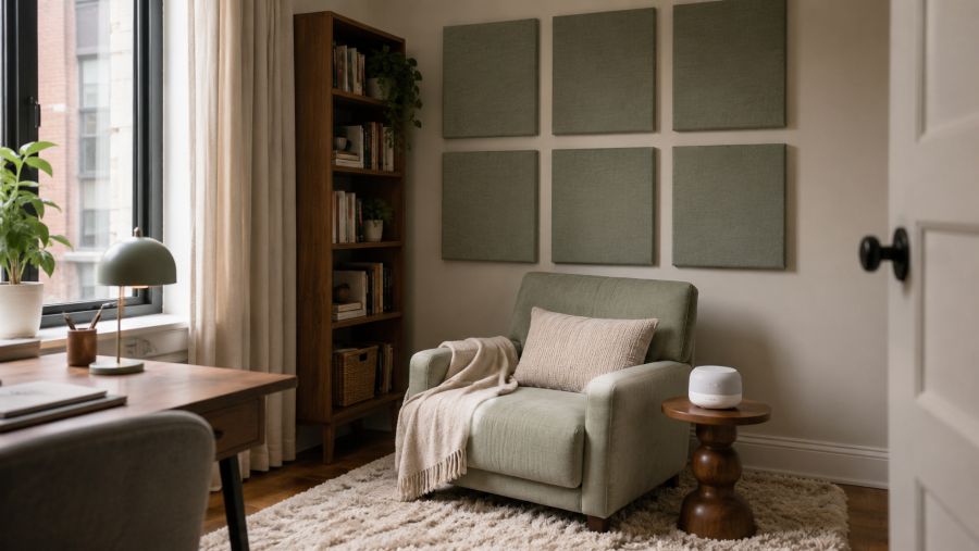 A quiet small apartment reading nook with acoustic panels, a rug and a white noise machine