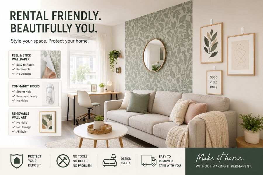 Modern rental apartment with peel-and-stick wallpaper and removable decor