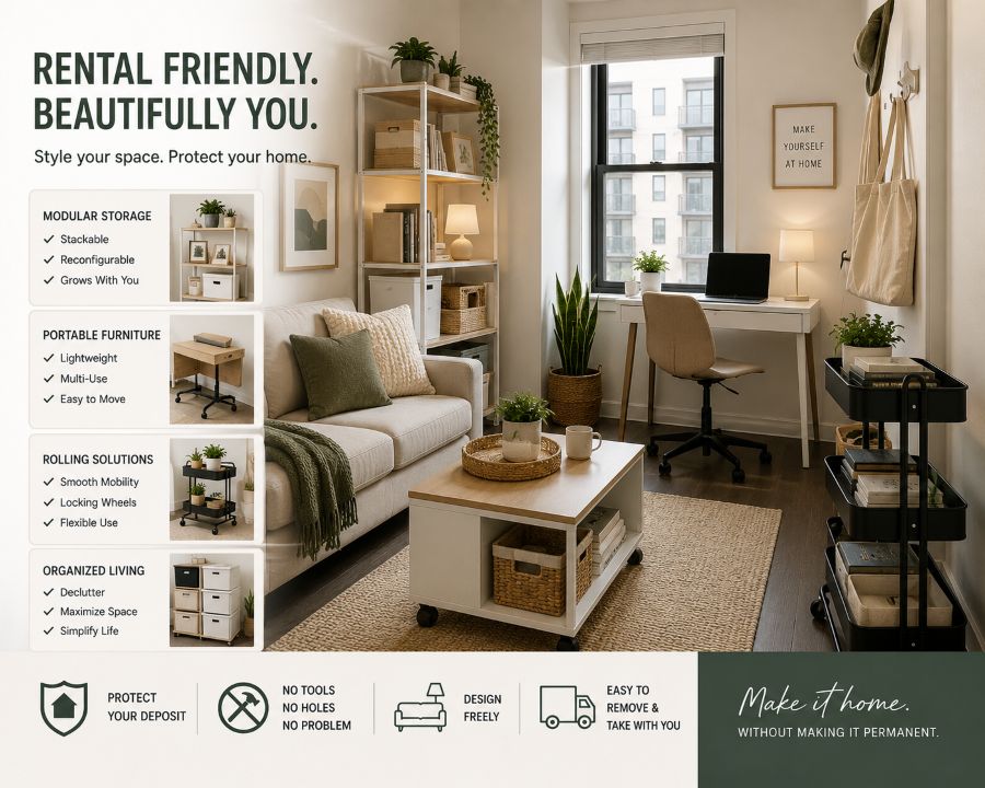Small rental apartment with modular furniture and portable decor solutions