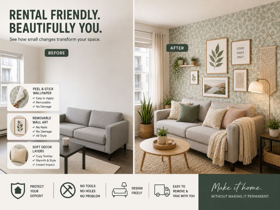 Before and after rental apartment transformation with removable decor solutions