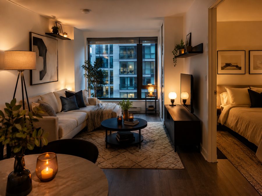 Modern small apartment with layered renter-friendly lighting setup