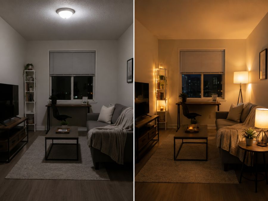 Comparison of single vs layered lighting in small apartments