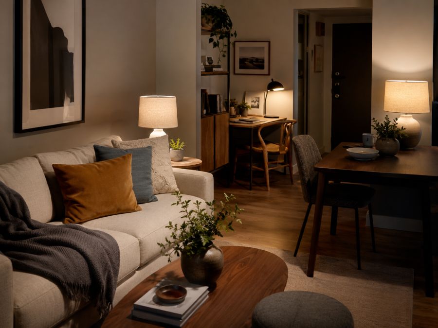 Table lamps creating task lighting in compact living area