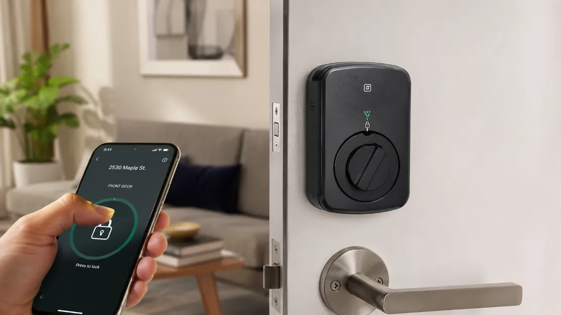 Retrofit smart lock on the inside of a door over the existing deadbolt, controlled by a smartphone app