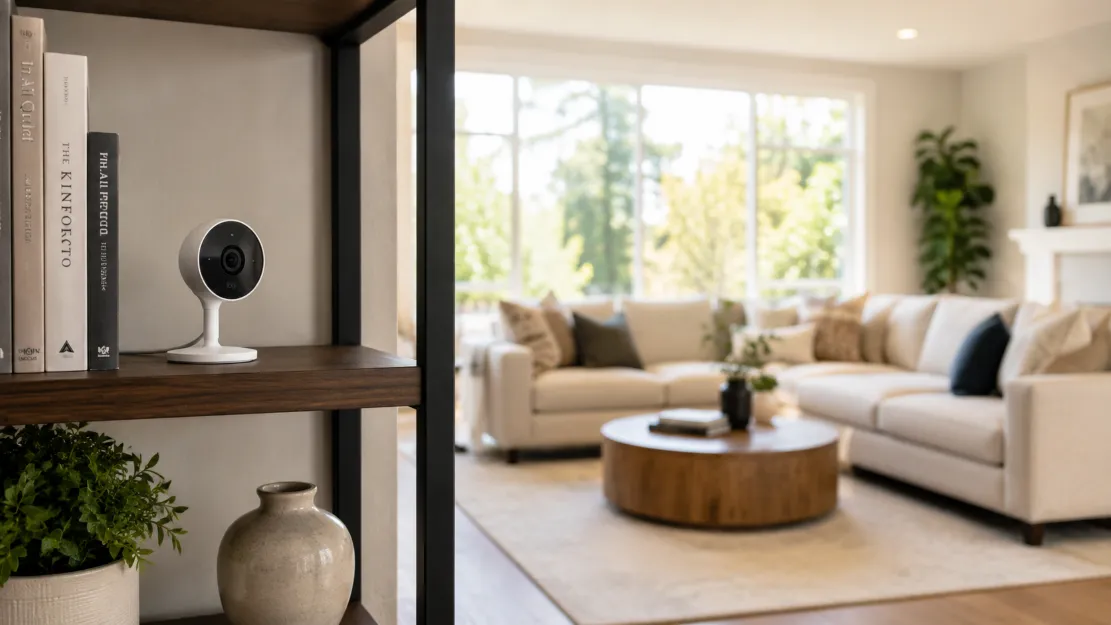 Small wireless indoor security camera placed on a bookshelf overlooking a bright living room