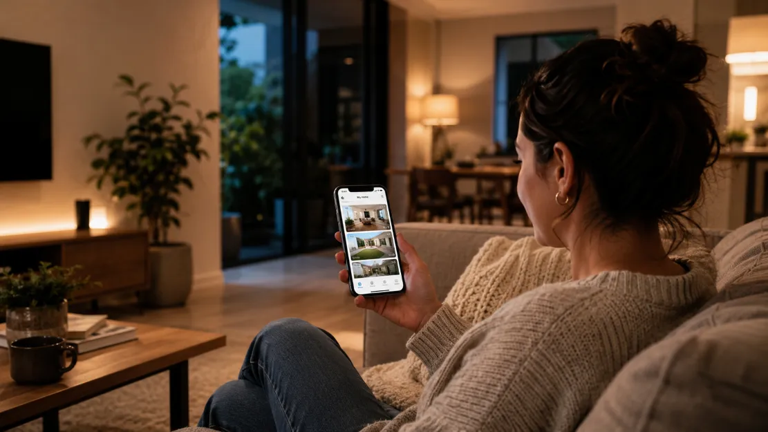 Person on a sofa checking a home security app with multiple camera feeds in a cozy living room