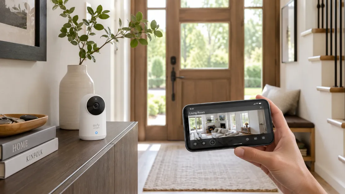 Wireless security camera on a shelf and a smartphone showing the live feed in a modern home entryway