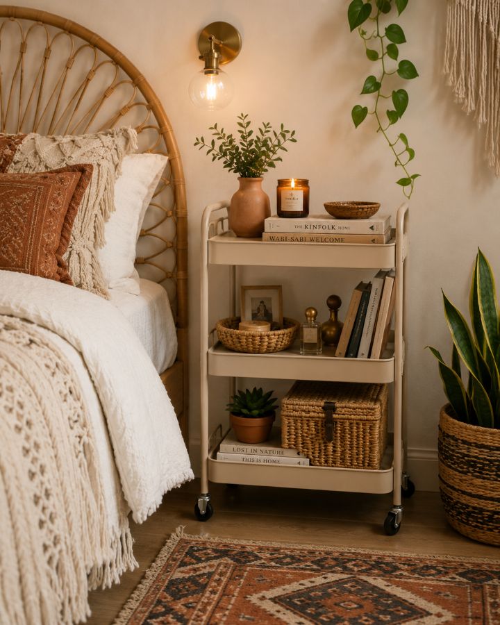 Small rolling cart styled as bedside table in bohemian bedroom