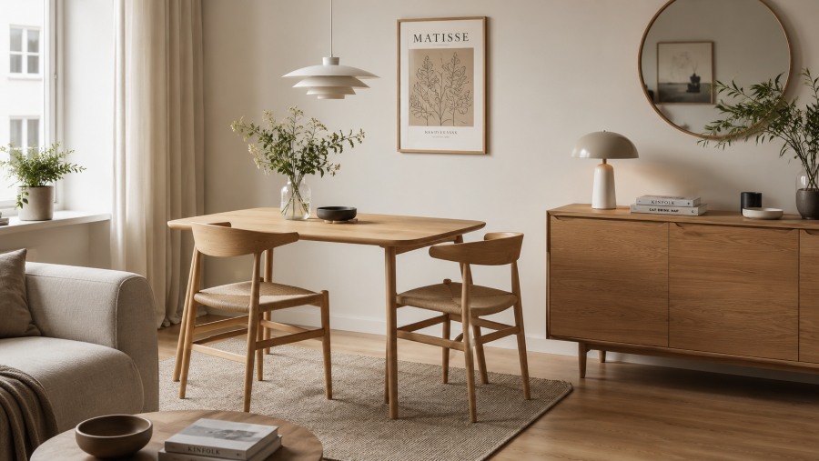 Light wood Scandinavian furniture with slender legs in a compact dwelling