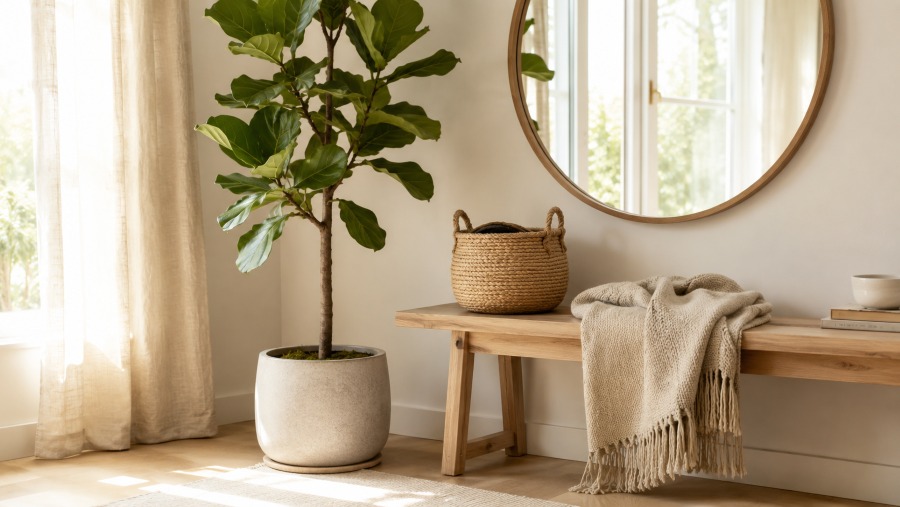 Natural materials and greenery in a Scandinavian compact interior with a mirror reflecting daylight