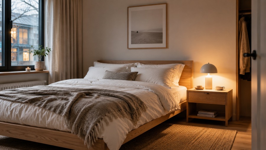 Scandinavian bedroom corner in a compact home with white linen bedding and warm lamp light
