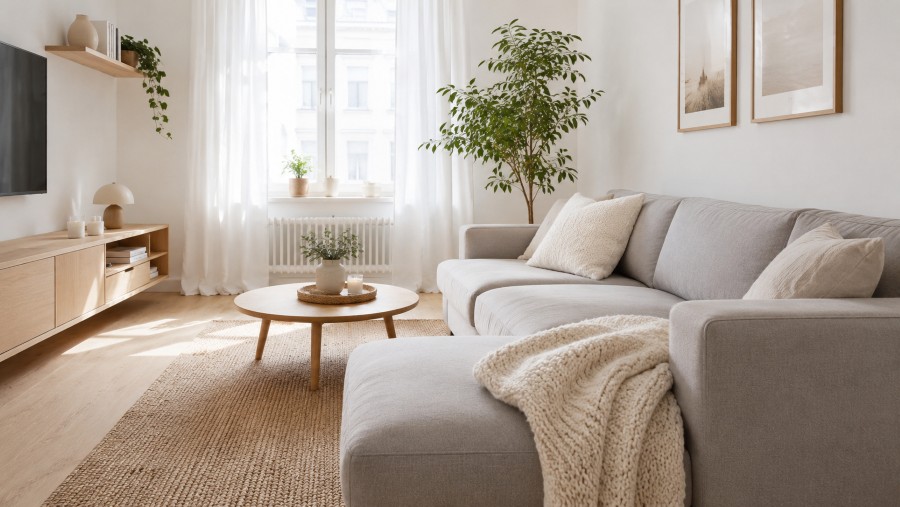 Bright Scandinavian living room in a compact home with white walls and light oak floors